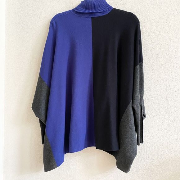 Alfani‎ Black Blue Grey Colorblock Asymmetrical Hem Turtleneck Poncho Sweater Sm - Picture 9 of 13